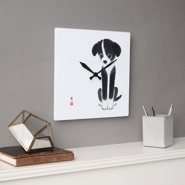Quiet Paws - Minimalist Ink Puppy  Fyrkantig Klocka (Kontor)