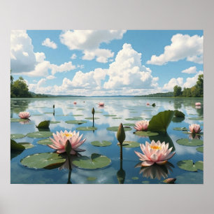 Quiet Sjö med Vatten Lily Flowers och Cloudy Himme Poster