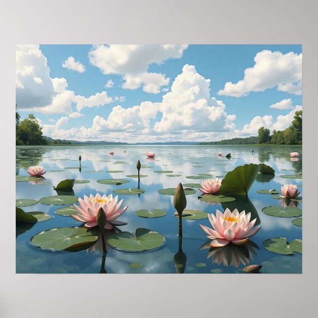 Quiet Sjö med Vatten Lily Flowers och Cloudy Himme Poster (Framsidan)