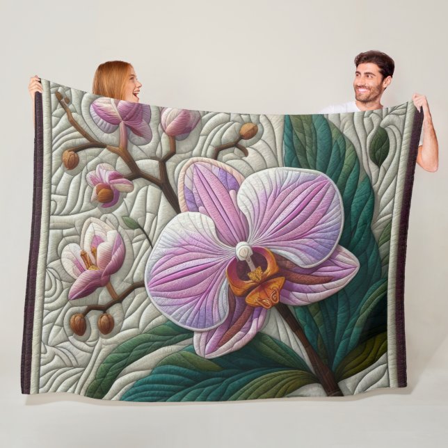 Quiled Lila Rosa Orchid Design Fleecefilt (På plats)