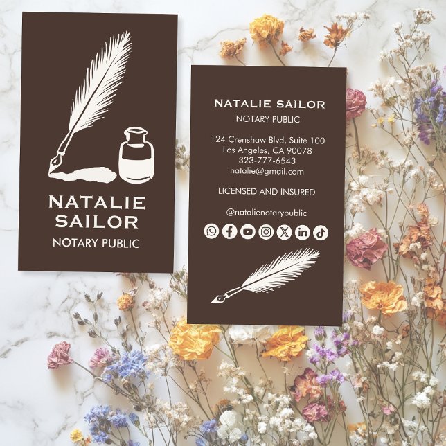 Quill Fjäder Bläck Penna Logo Notarius Publicus AN Visitkort (Quill Feather Ink Pen Logo Notary Public CUSTOM Social Media Icons Business Card
)