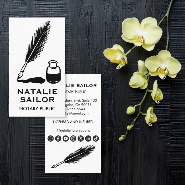 Quill Fjäder Bläck Penna Logo Notarius Publicus AN Visitkort (Quill Feather Ink Pen Logo Notary Public CUSTOM Social Media Icons Business Card
)