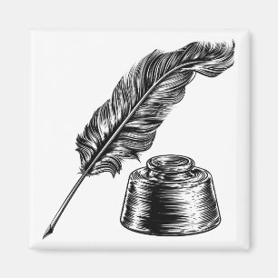 Quillfjädern skrivar och bläckbrunnen magnet