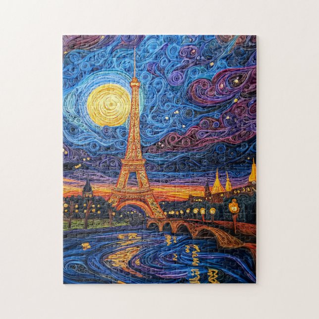 Quilling Eiffeltornet i Paris under månljus Pussel (Vertikal)