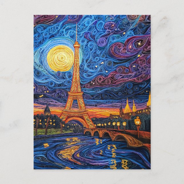 Quilling Moonlit Eiffel Torn i Paris Vykort (Framsida)