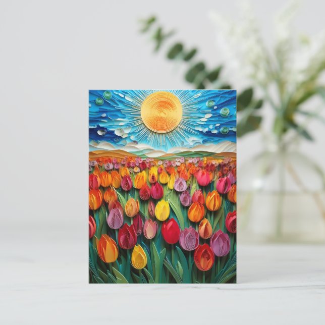 Quilling Tulip Fält: Vibrant Himmel & Sol Art Vykort (Stående Fram)