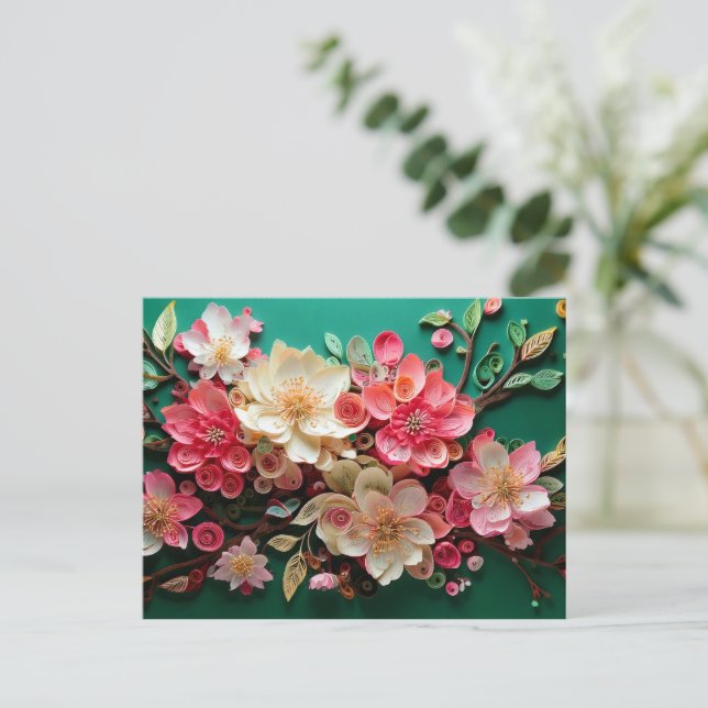 Quillry Cherry Blommar Art Postcard - Grönt Bloom Vykort (Stående Fram)