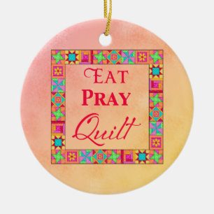 Quilt Blocks Gräns Art Eat Pray Quilt Coral Yello Julgransprydnad Keramik