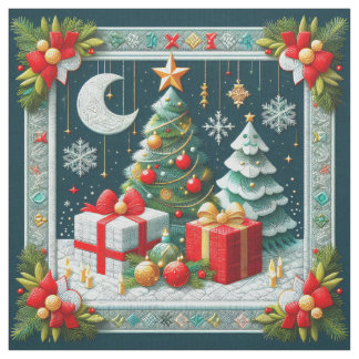 Quilt Look Christmas Scene Moon and Trees Tyg