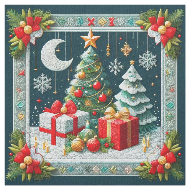 Quilt Look Christmas Scene Moon and Trees Tyg (Prov)