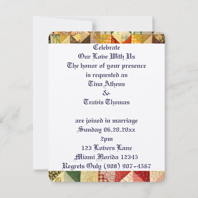 Quilt Mönster Kärlek Bröllop Bride Groom Peace Inbjudningar (Framsida)