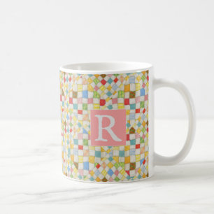 QUILT MOSAIC Vit Mugg + Text / Rosa