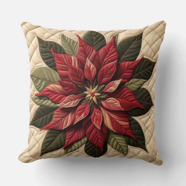 Quiltat Poinsettia Mönster i Krämfärg Kudde (Framsida)