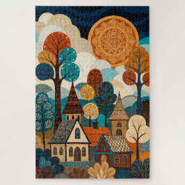 Quilted Folk Art Village - Patchwork Sun & Trees L Pussel