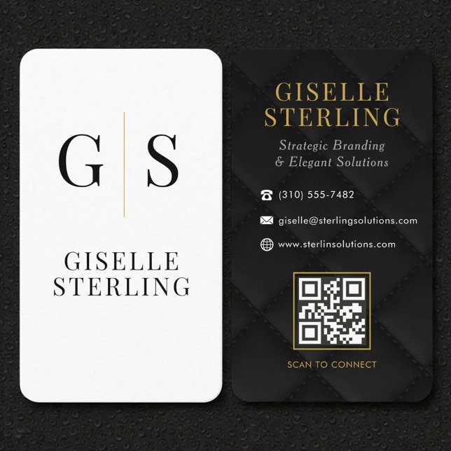 Quilted Luxury Black White Gold Monogram QR Code Visitkort (Skapare uppladdad)
