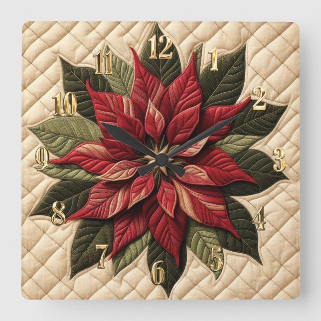 Quilted Mönster Poinsettia Cream Fyrkantig Klocka (Framsida)