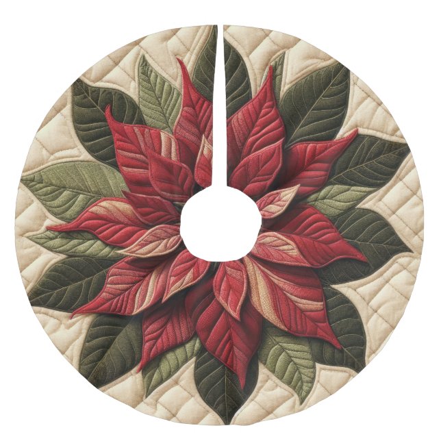 Quilted Mönster Poinsettia Cream Julgransmatta Borstad Polyester (Framsidan)