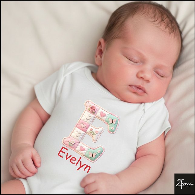 Quilted Patchwork Initial Letter E Nursery T Shirt (This is a sample design. There are several models to choose from, with the name and color changed.)