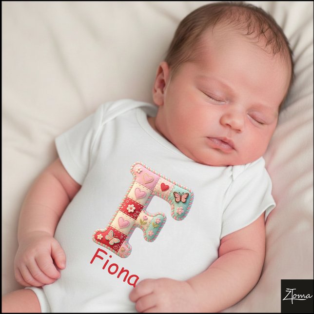 Quilted Patchwork Initial Letter F Nursery T Shirt (This is a sample design. There are several models to choose from, with the name and color changed.)