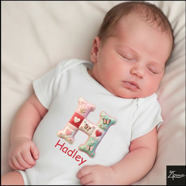 Quilted Patchwork Initial Letter H Nursery T Shirt (This is a sample design. There are several models to choose from, with the name and color changed.)