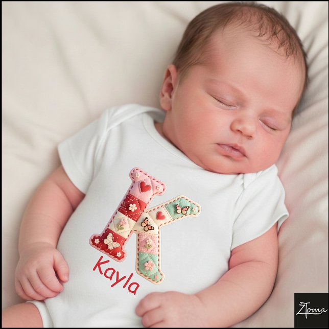 Quilted Patchwork Initial Letter K Nursery T Shirt (This is a sample design. There are several models to choose from, with the name and color changed.)