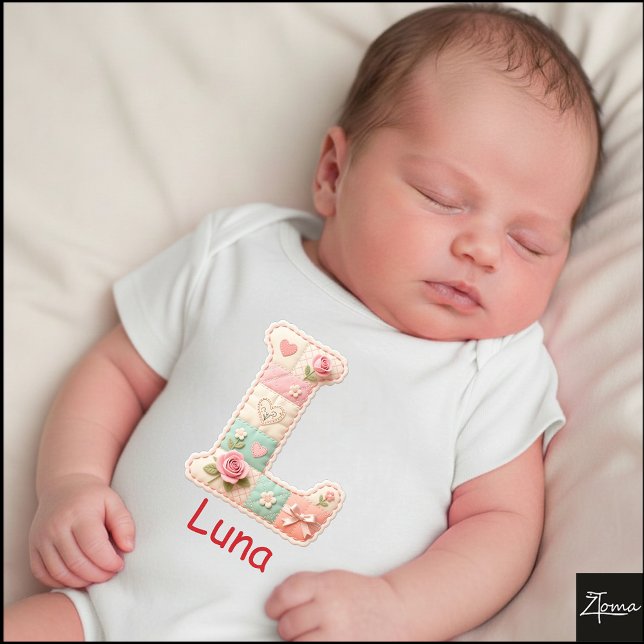 Quilted Patchwork Initial Letter L Nursery T Shirt (This is a sample design. There are several models to choose from, with the name and color changed.)