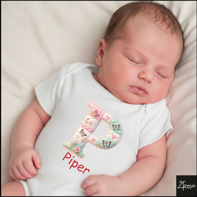 Quilted Patchwork Initial Letter P Nursery T Shirt (This is a sample design. There are several models to choose from, with the name and color changed.)
