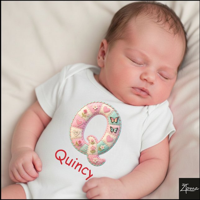 Quilted Patchwork Initial Letter Q Nursery T Shirt (This is a sample design. There are several models to choose from, with the name and color changed.)