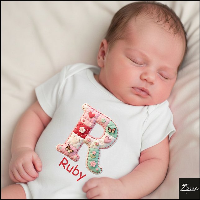 Quilted Patchwork Initial Letter R Nursery T Shirt (This is a sample design. There are several models to choose from, with the name and color changed.)