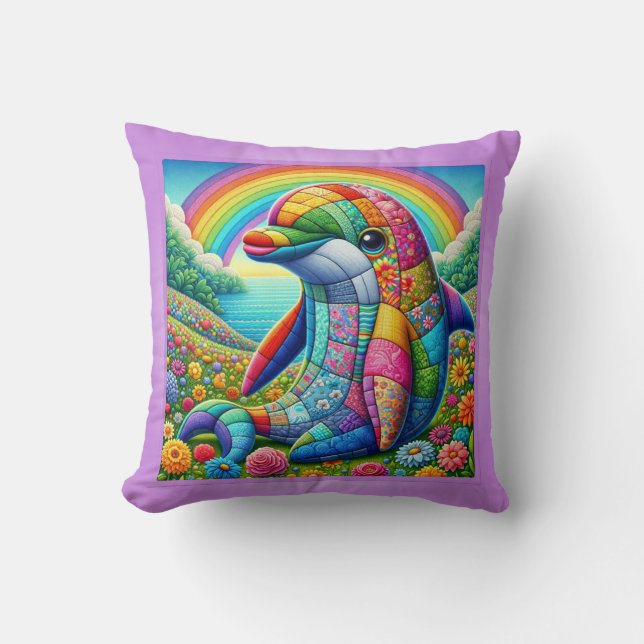 Quilted Rainbow Dolphin Delight Kudde (Framsida)
