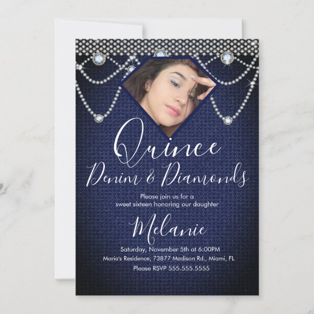 Quince Denim Diamanter Ädelsten Pärlor Foto  Inbjudningar (Framsida)