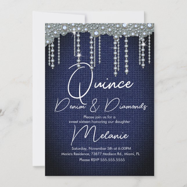 Quince Denim Diamonds Gem Pearls Chic Inbjudningar (Framsida)