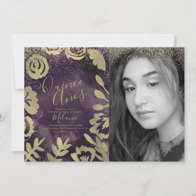 Quince falskt glitter lila blommig guld foto inbjudningar (Framsida)