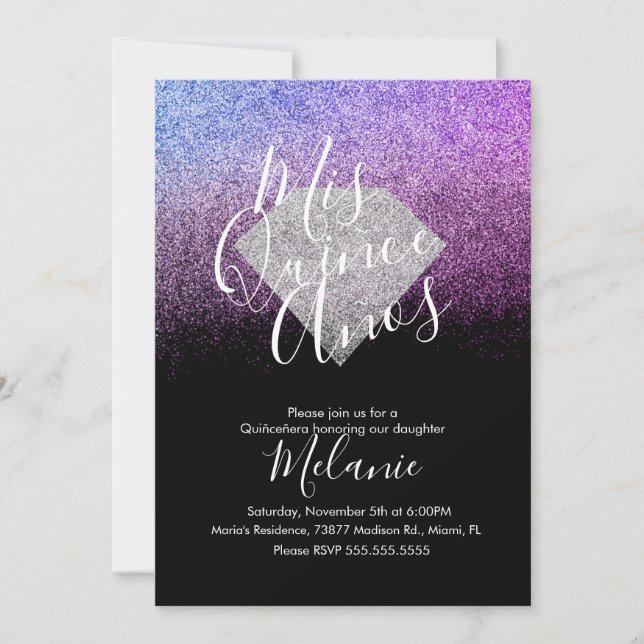 Quiñce Faux Glitter Diamond Black Lila Birthday Inbjudningar (Framsida)