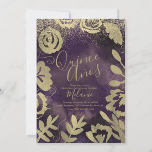 Quince Faux Glitter Lila Blommig Guld Födelsedag Inbjudningar