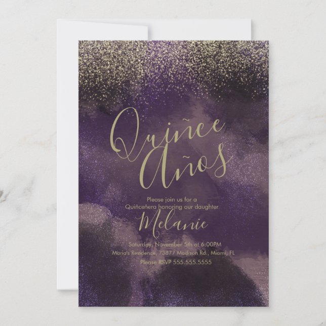 Quince Faux Glitter Lila Guld Abstrakt Födelsedag Inbjudningar (Framsida)