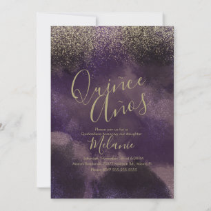 Quince Faux Glitter Lila Guld Abstrakt Födelsedag Inbjudningar