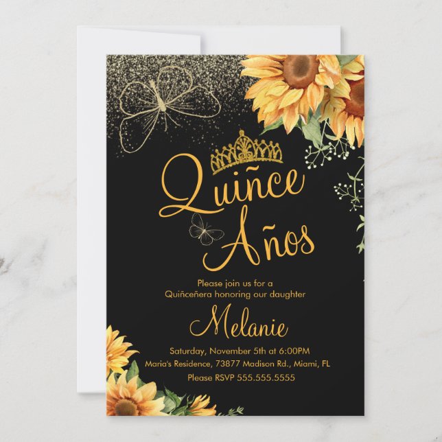 Quiñce Faux Glitter Sunflower Watercolor Födelseda Inbjudningar (Framsida)