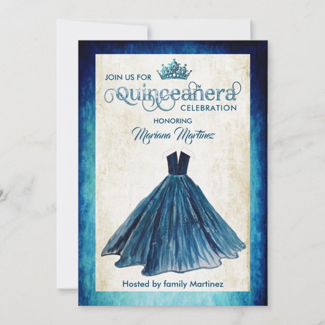 Quince för klänning för marblått vattenfärg hand p inbjudningar (Framsida)