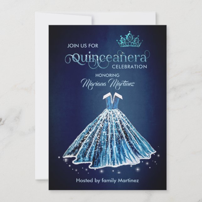 Quince för klänning för marblått vattenfärg hand p inbjudningar (Framsida)