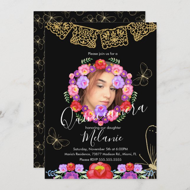 Quince Glitter Faux Blommigt Butterflies Mexican Inbjudningar (Fram/baksida)