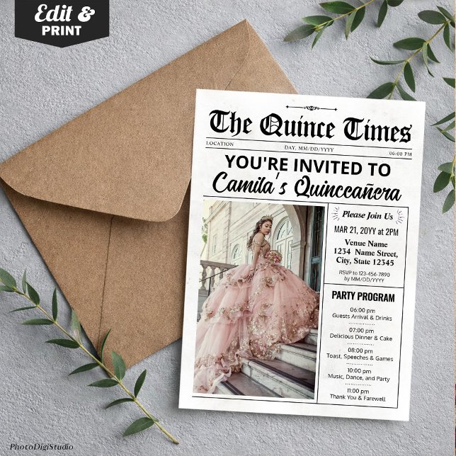 Quince-inbjudan, Tidning med Program, Quinceañera Inbjudningar (Quince Invite, Newspaper with Program, Quinceañera Invitation)