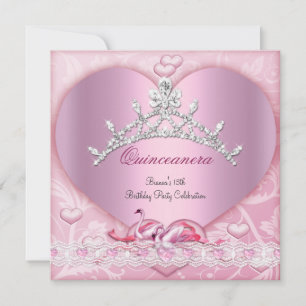 Quinceanera 15 15-års White Pink Svanar Tiara Hjär Inbjudningar