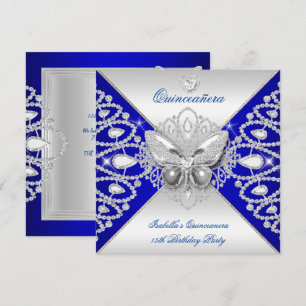 Quinceanera 15-års blå silver fjäril tiara inbjudningar