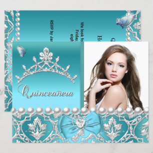 Quinceanera 15-års Blue Damask Fjäril Lägg till fo Inbjudningar