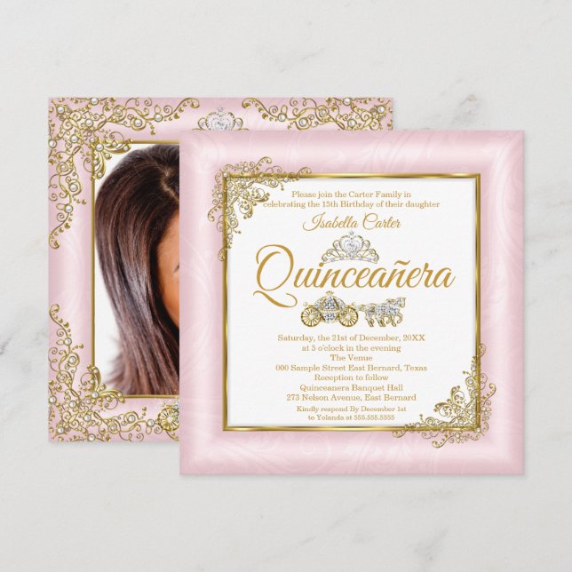 Quinceanera 15-års Blush Rosa Foto Kärran Inbjudningar (Fram/baksida)
