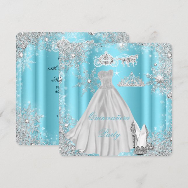 Quinceanera 15-års Cinderella Blå Födelsedagsfest Inbjudningar (Fram/baksida)