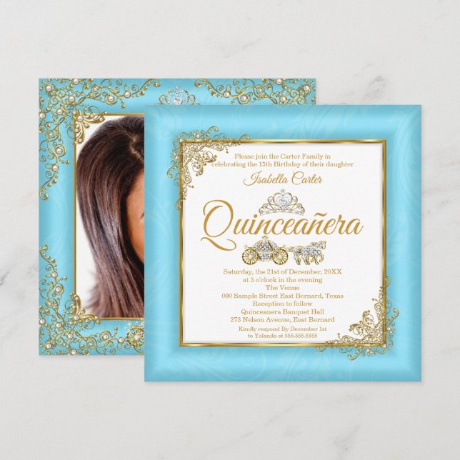 Quinceanera 15-års Cinderella Blå Pärla Tiara Foto Inbjudningar (Fram/baksida)