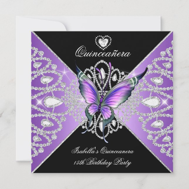 Quinceanera 15-års fjäril lila svart tiara inbjudningar (Framsida)