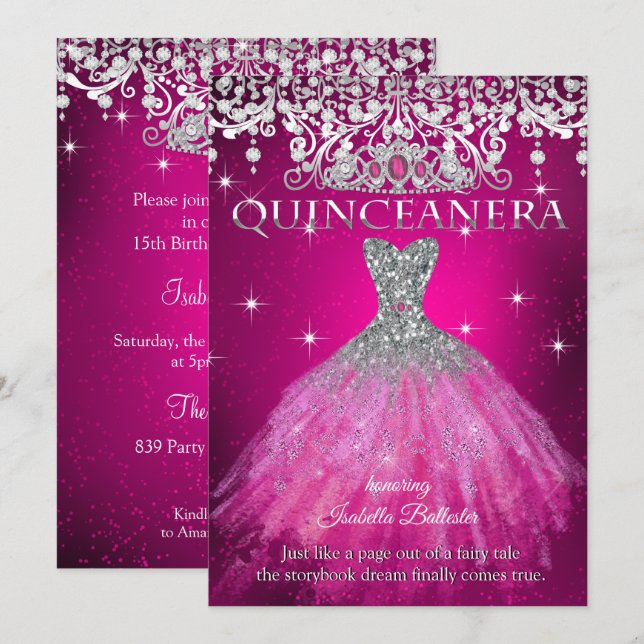 Quinceanera 15-års födelsedag FUCHSIA Rosa Tiara Inbjudningar (Fram/baksida)